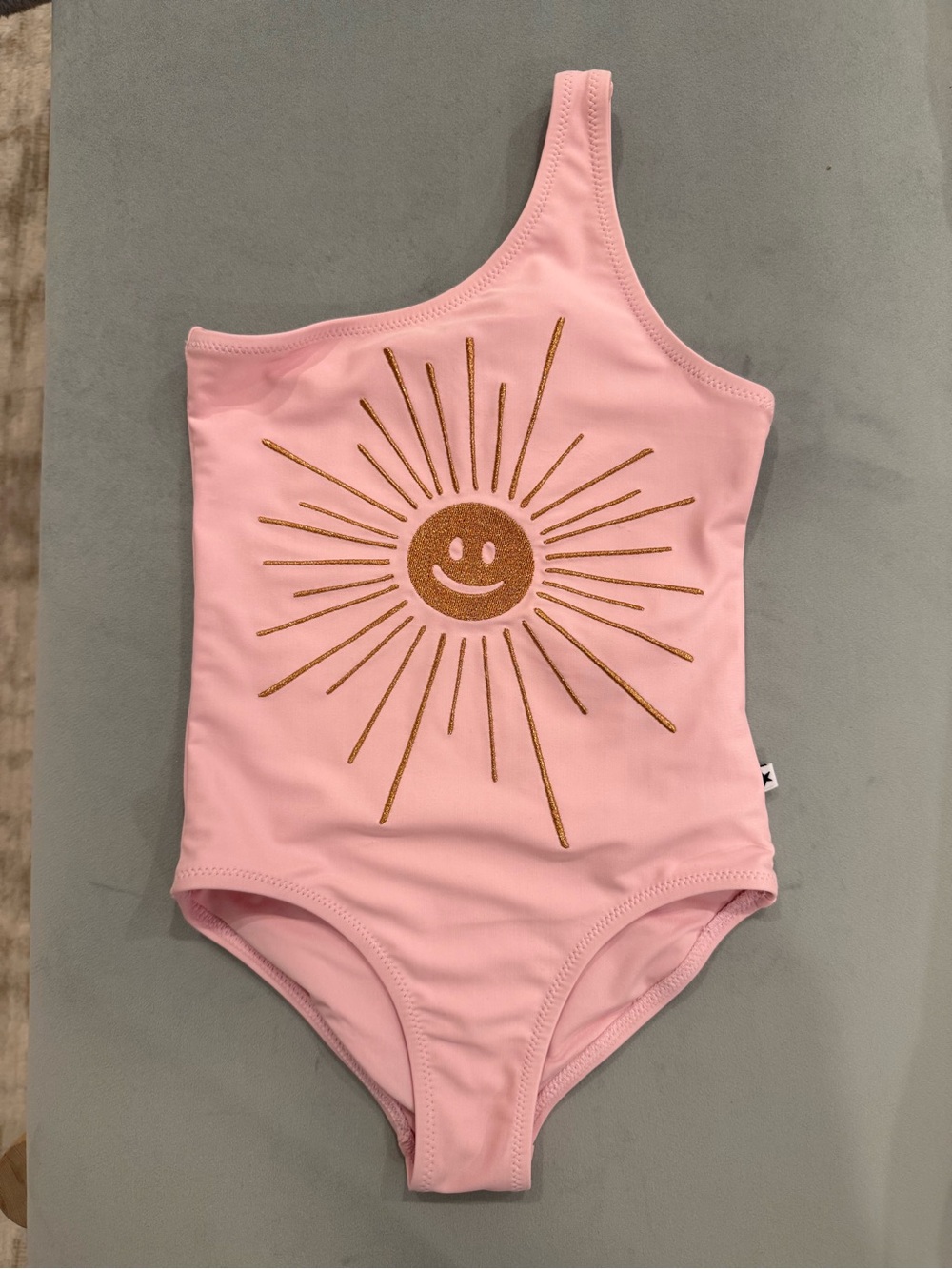 Molo Pink One-Shoulder Kids Swimsuit with Glitter Stitched Sun